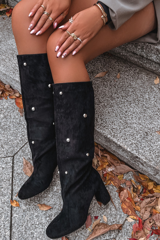 Kozaki Damskie Ocieplane Na SłupkuwithOzdobnymi Detalami Czarne Lucinda