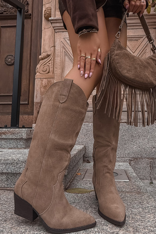 Leather Suede Cowboy Boots Women Warm Khaki Urselle