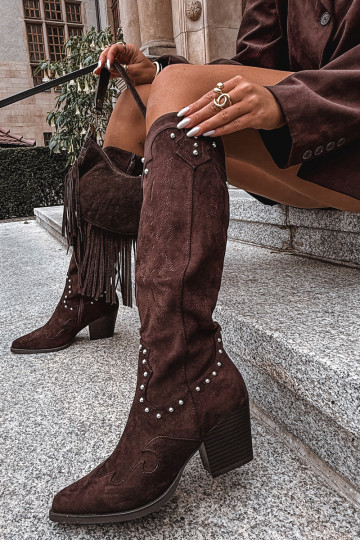 Women's Leather Cowboy Boots With Decoration On The Heel Chocolate Darella