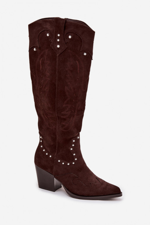 Women's Leather Cowboy Boots With Decoration On The Heel Chocolate Darella