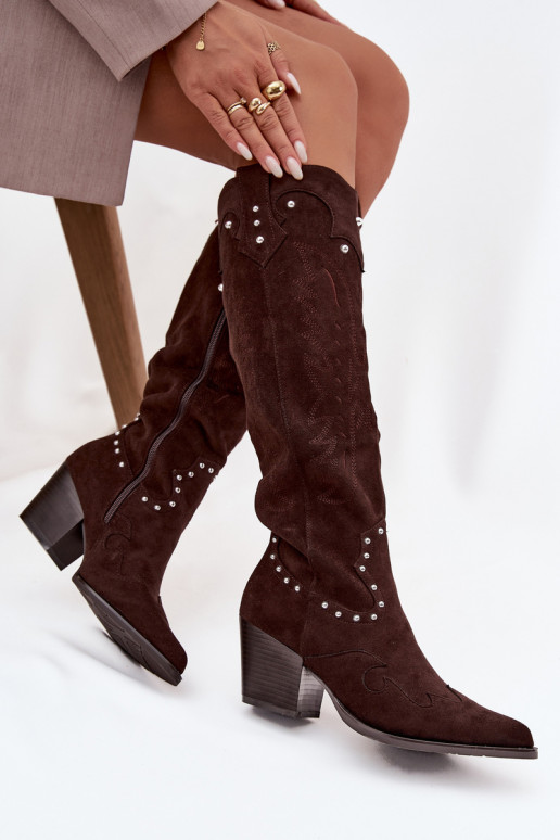 Women's Leather Cowboy Boots With Decoration On The Heel Chocolate Darella