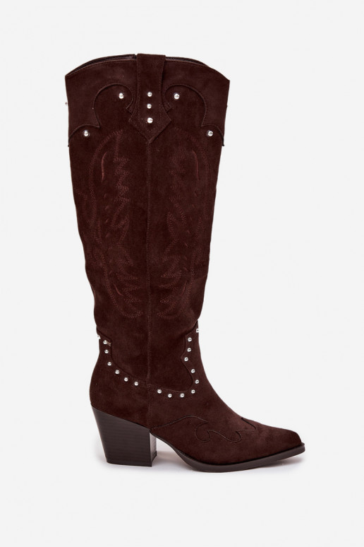 Women's Leather Cowboy Boots With Decoration On The Heel Chocolate Darella