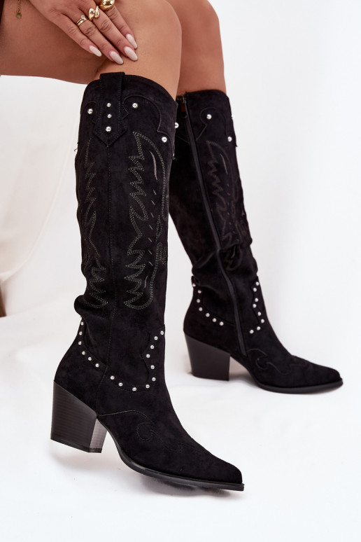 Women's Leather Cowboy Boots With Embellishment On Heel Black Darella