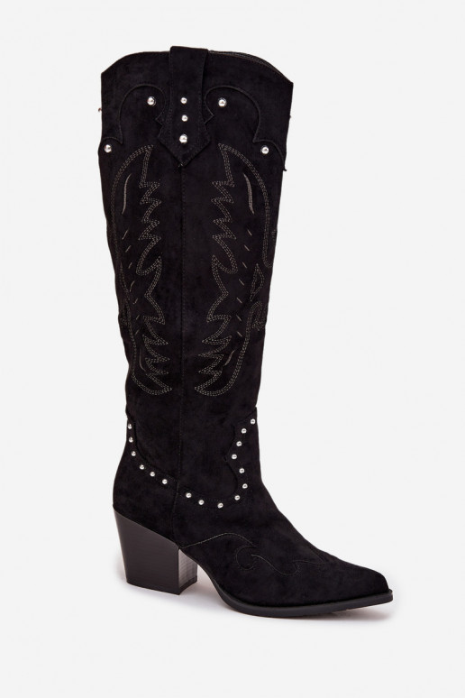 Women's Leather Cowboy Boots With Embellishment On Heel Black Darella