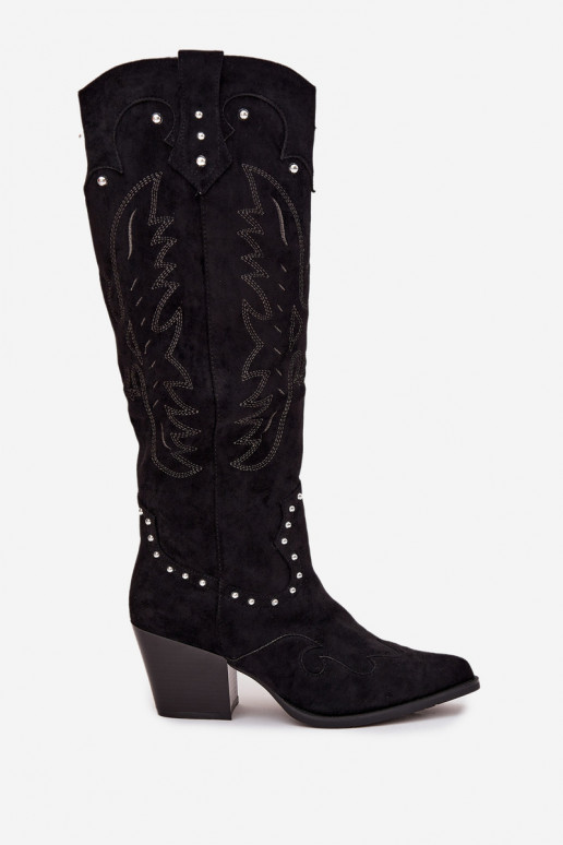 Women's Leather Cowboy Boots With Embellishment On Heel Black Darella