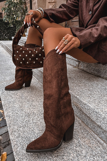 Insulated cowboy boots on heel made of eco suede chocolate Mavine