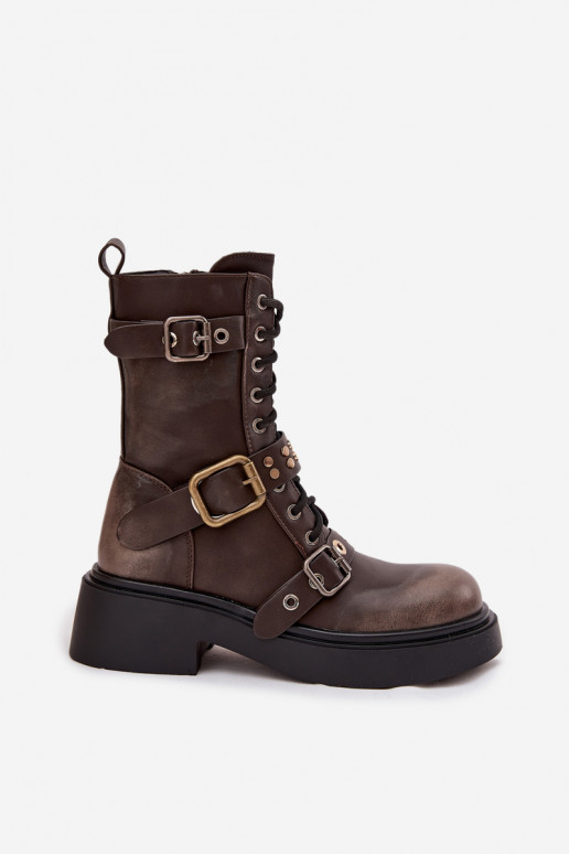 Insulated womens work boots with buckles brown Marisse