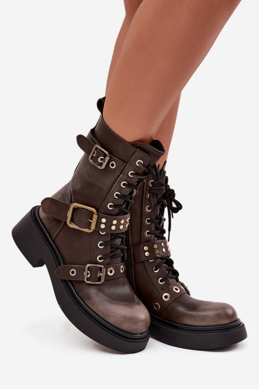 Insulated womens work boots with buckles brown Marisse