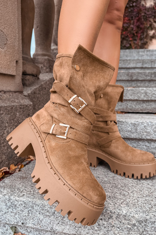 Women's Ankle Boots with Chunky Heel with Buckles and Strap Khaki Nerelisa