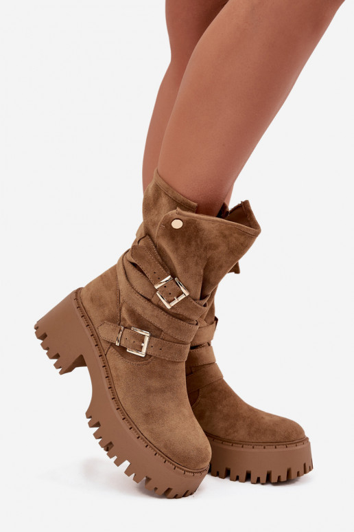 Women's Ankle Boots with Chunky Heel with Buckles and Strap Khaki Nerelisa