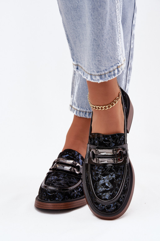 Skórzane Zamszowe Mokasyny DamskiewithOzdobnym Detalem D&A MR52-178 Czarne