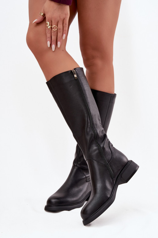 Skórzane Kozaki Damskie Na Płaskim Obcasie Ocieplane D&A JC52-837 Czarne