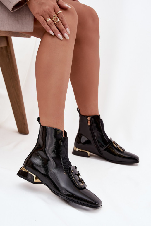 Leather Patent Ladies Ankle Boots With Decoration D&A MR52-216 Black Leather Patent Ladies Ankle Boots With Decoration D&A MR52-216 Black