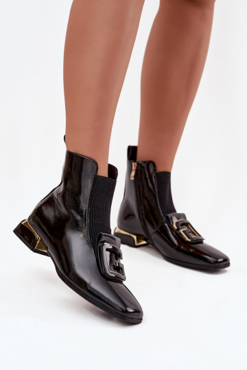 Leather Patent Ladies Ankle Boots With Decoration D&A MR52-216 Black 2