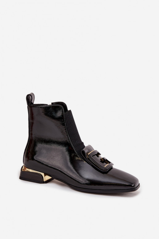 Skórzane Lakierowane Botki Damskie Na Niskim ObcasiewithOzdobą D&A MR52-216 Czarne