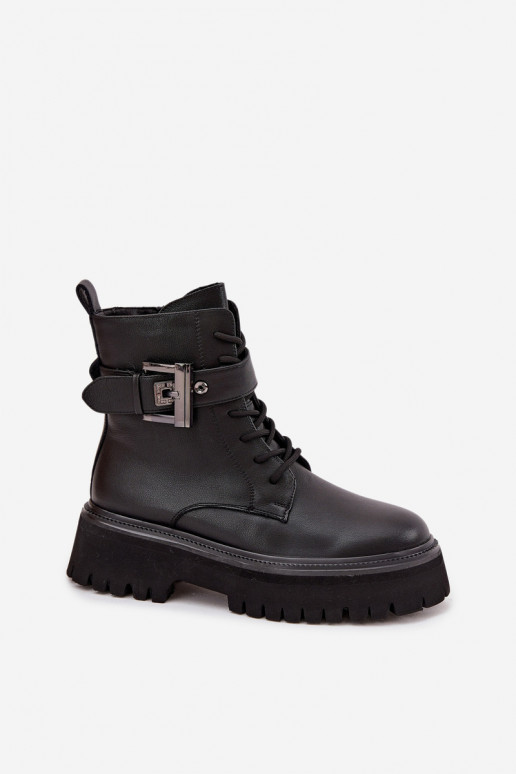 Skórzane Botki Workery Damskie OcieplanewithOzdobną Klamrą D&A MK52-032 Czarne