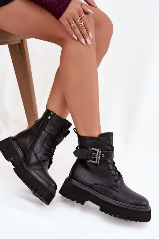 Skórzane Botki Workery Damskie OcieplanewithOzdobną Klamrą D&A MK52-032 Czarne