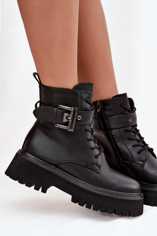 Skórzane Botki Workery Damskie OcieplanewithOzdobną Klamrą D&A MK52-032 Czarne