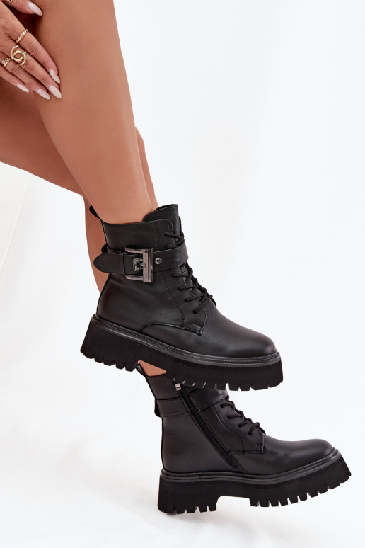 Skórzane Botki Workery Damskie OcieplanewithOzdobną Klamrą D&A MK52-032 Czarne