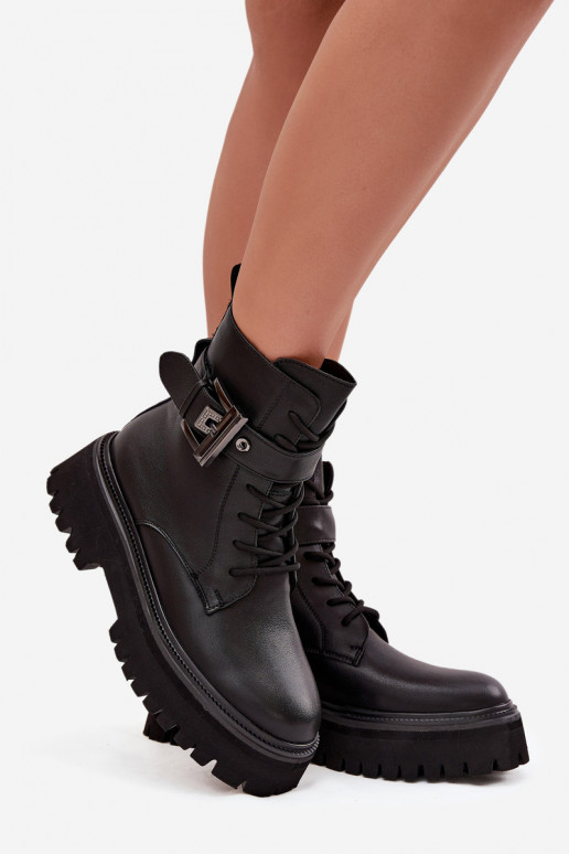 Skórzane Botki Workery Damskie OcieplanewithOzdobną Klamrą D&A MK52-032 Czarne