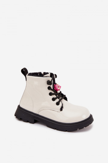 Insulated Kids' Patent Leather Boots with Buckle Bear White Jovellea