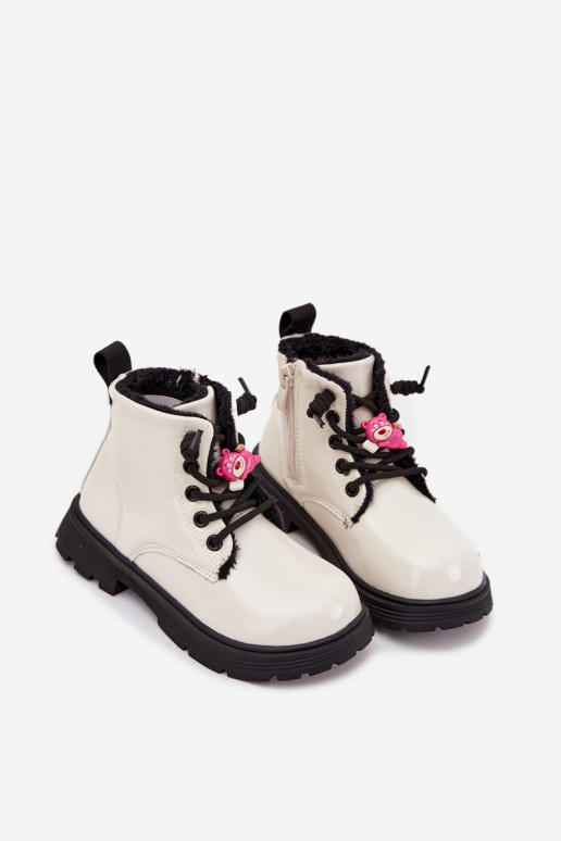 Insulated Kids' Patent Leather Boots with Buckle Bear White Jovellea Insulated Kids' Patent Leather Boots with Buckle Bear White Jovellea