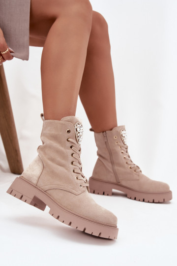Women's work boots with crystals on the tongue beige Rosira