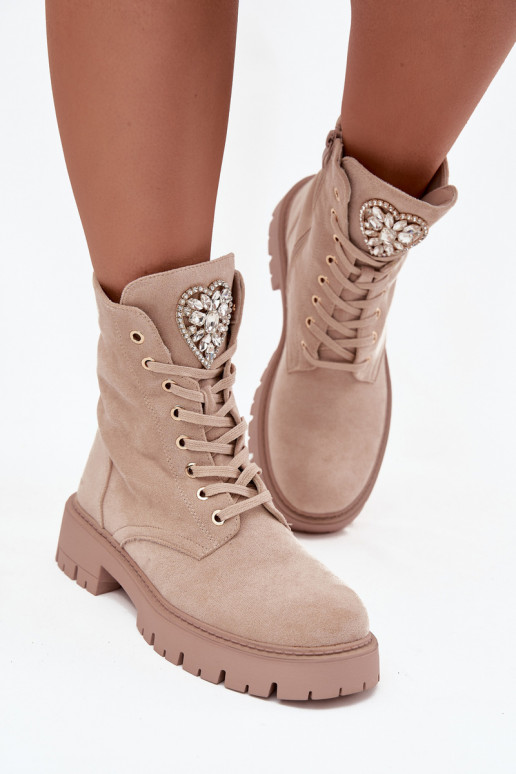 Women's work boots with crystals on the tongue beige Rosira