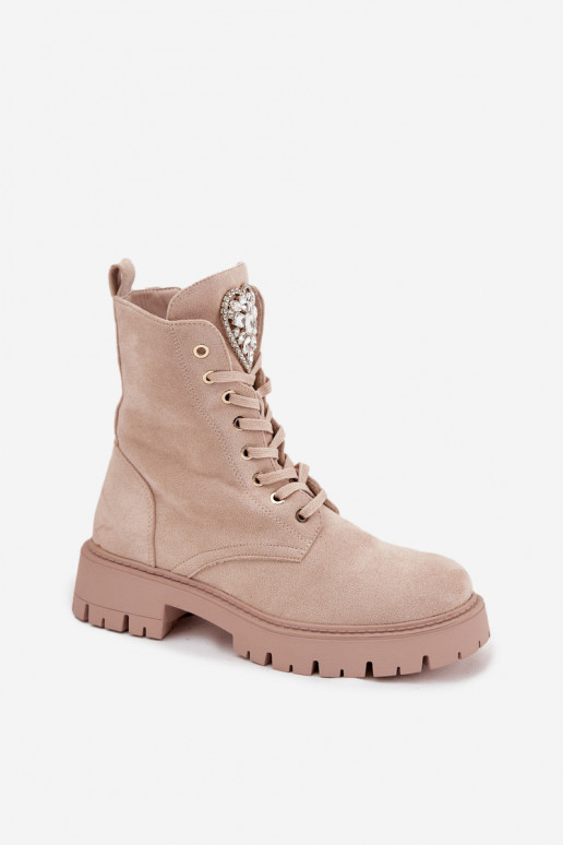 Women's work boots with crystals on the tongue beige Rosira