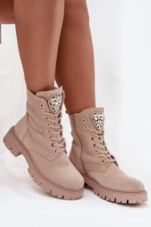 Women's work boots with crystals on the tongue beige Rosira