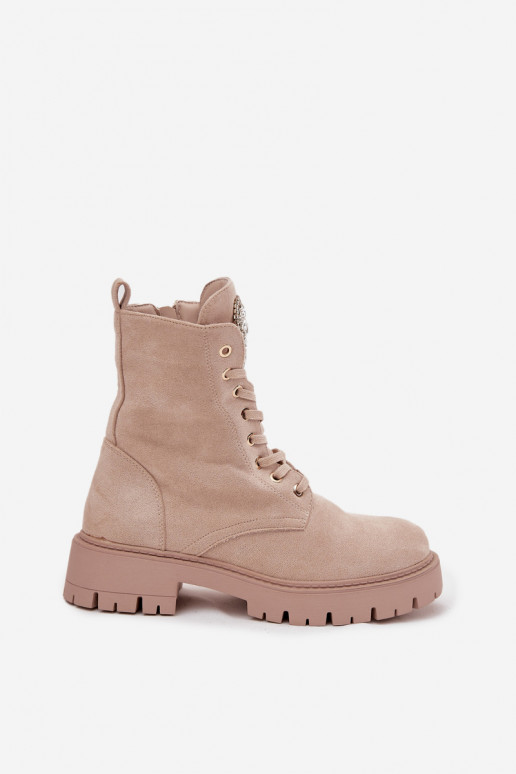 Women's work boots with crystals on the tongue beige Rosira