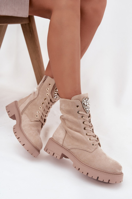 Women's work boots with crystals on the tongue beige Rosira