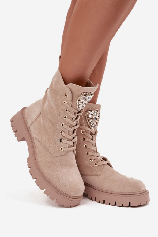 Women's work boots with crystals on the tongue beige Rosira
