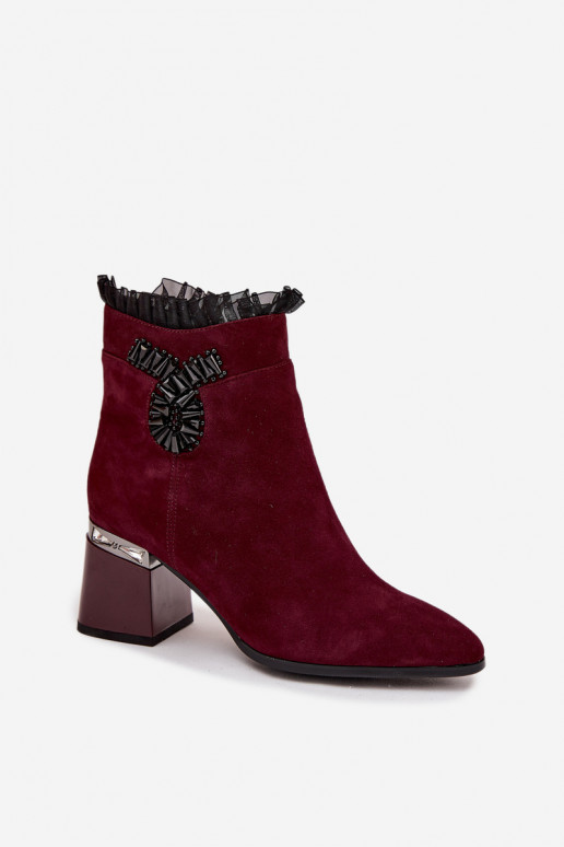 Suede Leather Women's Heeled Boots With Decoration Heated D&A MR52-127 Burgundy Suede Leather Women's Heeled Boots With Decoration Heated D&A MR52-127 Burgundy