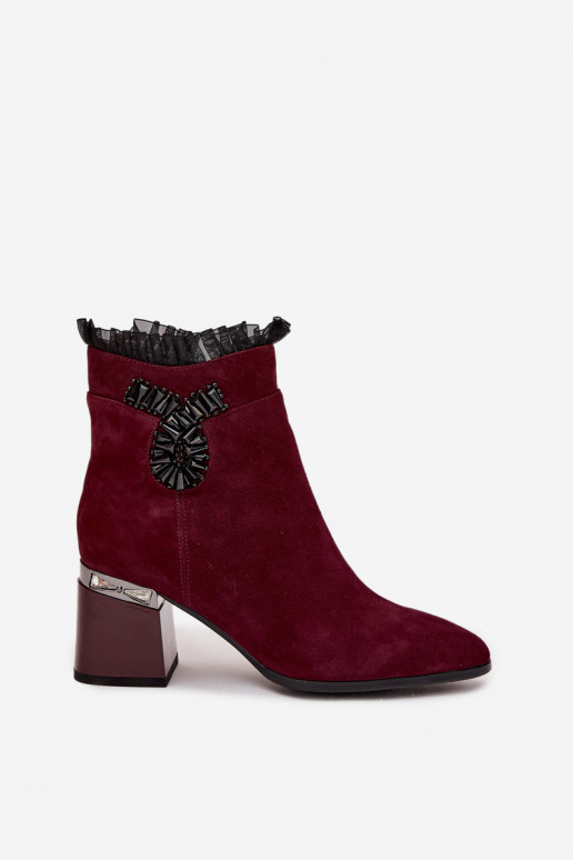 Suede Leather Women's Heeled Boots With Decoration Heated D&A MR52-127 Burgundy Suede Leather Women's Heeled Boots With Decoration Heated D&A MR52-127 Burgundy