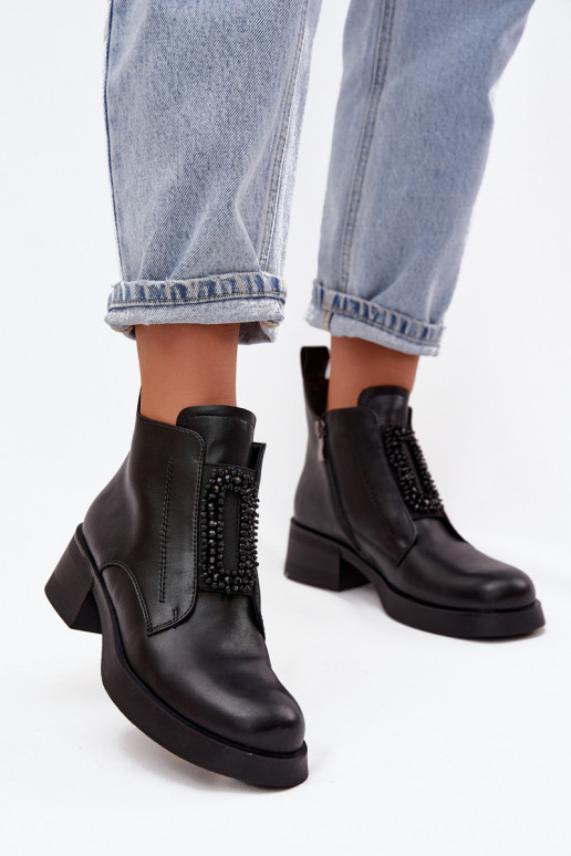 Leather Women's Block Heel Boots with Ornament D and JC52-869 Black Leather Women's Block Heel Boots with Ornament D and JC52-869 Black