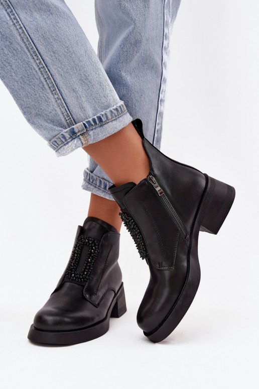 Leather Women's Block Heel Boots with Ornament D and JC52-869 Black Leather Women's Block Heel Boots with Ornament D and JC52-869 Black
