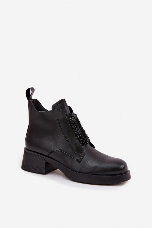 Skórzane Botki Damskie Na KlockuwithOzdobą D&A JC52-869 Czarne