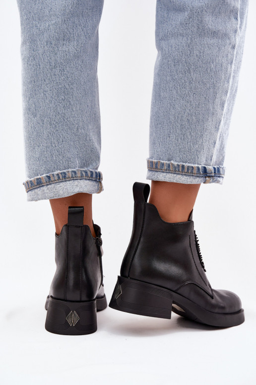 Leather Women's Block Heel Boots with Ornament D and JC52-869 Black Leather Women's Block Heel Boots with Ornament D and JC52-869 Black