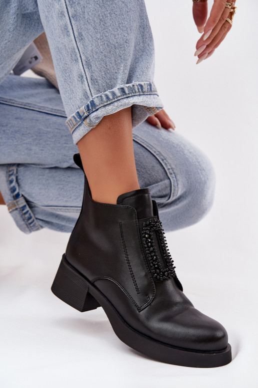 Skórzane Botki Damskie Na KlockuwithOzdobą D&A JC52-869 Czarne