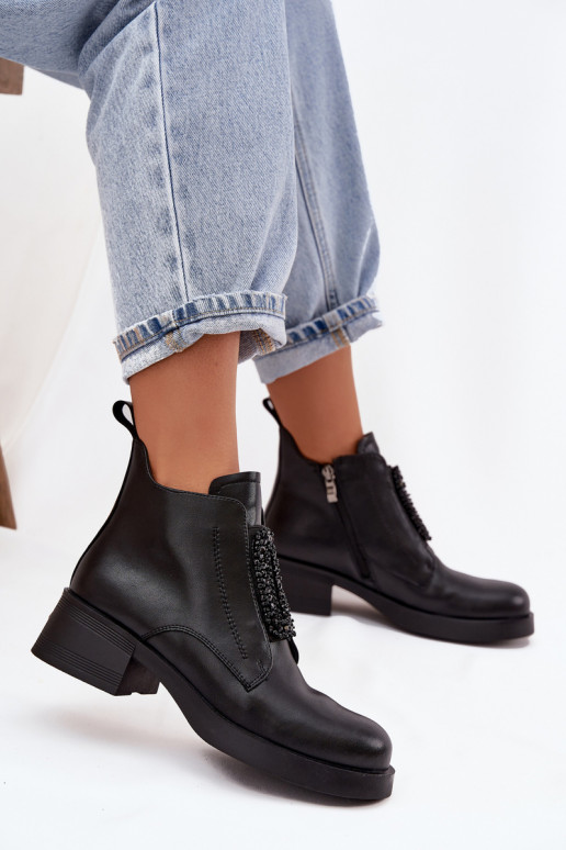 Skórzane Botki Damskie Na KlockuwithOzdobą D&A JC52-869 Czarne