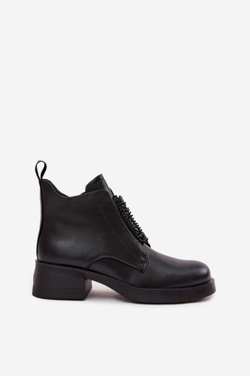 Leather Women's Block Heel Boots with Ornament D and JC52-869 Black Leather Women's Block Heel Boots with Ornament D and JC52-869 Black