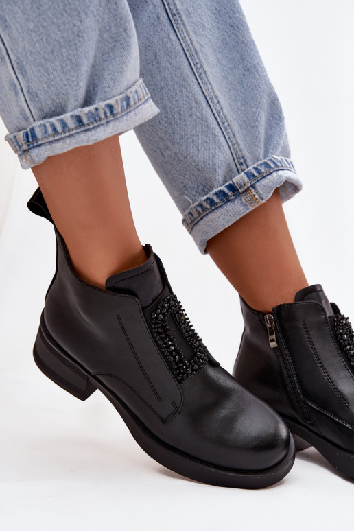 Skórzane Botki Damskie Na KlockuwithOzdobą D&A JC52-869 Czarne