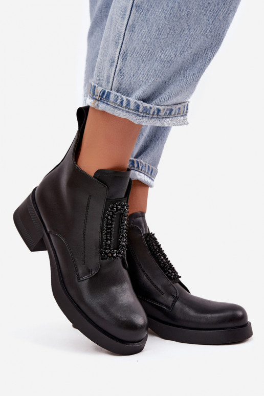 Skórzane Botki Damskie Na KlockuwithOzdobą D&A JC52-869 Czarne