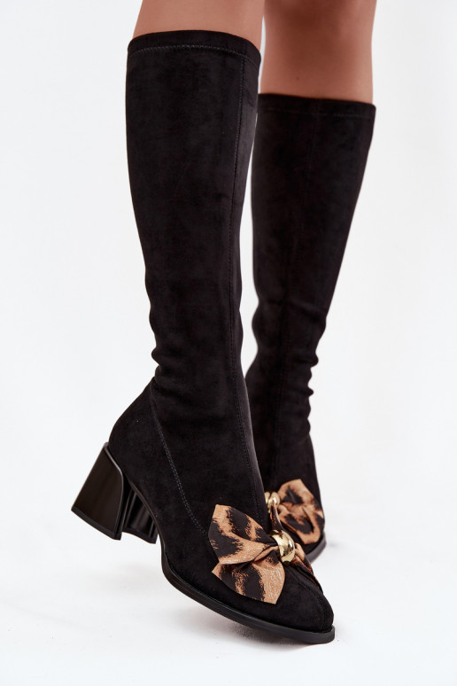 Kozaki Damskie Na KlockuwithOzdobną Kokardą D&A JC52-828 Czarne