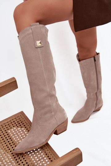 Leather Suede Cowboy Boots Insulated Zazoo 4224 Cappuccino