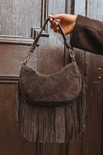 Leather Suede Bag with Fringes Chocolate Aurelisse 2