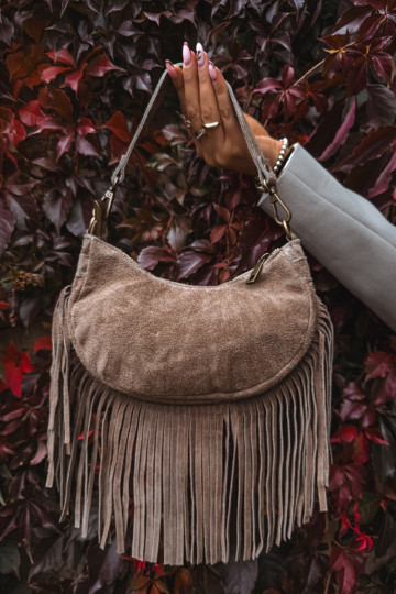 Leather Suede Bag with Fringes Dark Beige Aurelisse 2