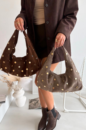 Leather Suede Bag with Embellishment Dark Beige Narisse 2