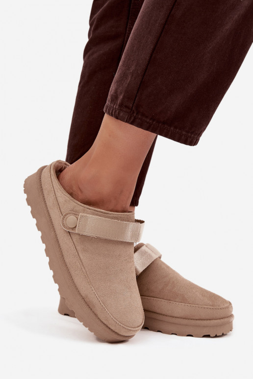 Damskie Kapcie Ocieplane Futerkiem Na Platformie Beżowe Azida